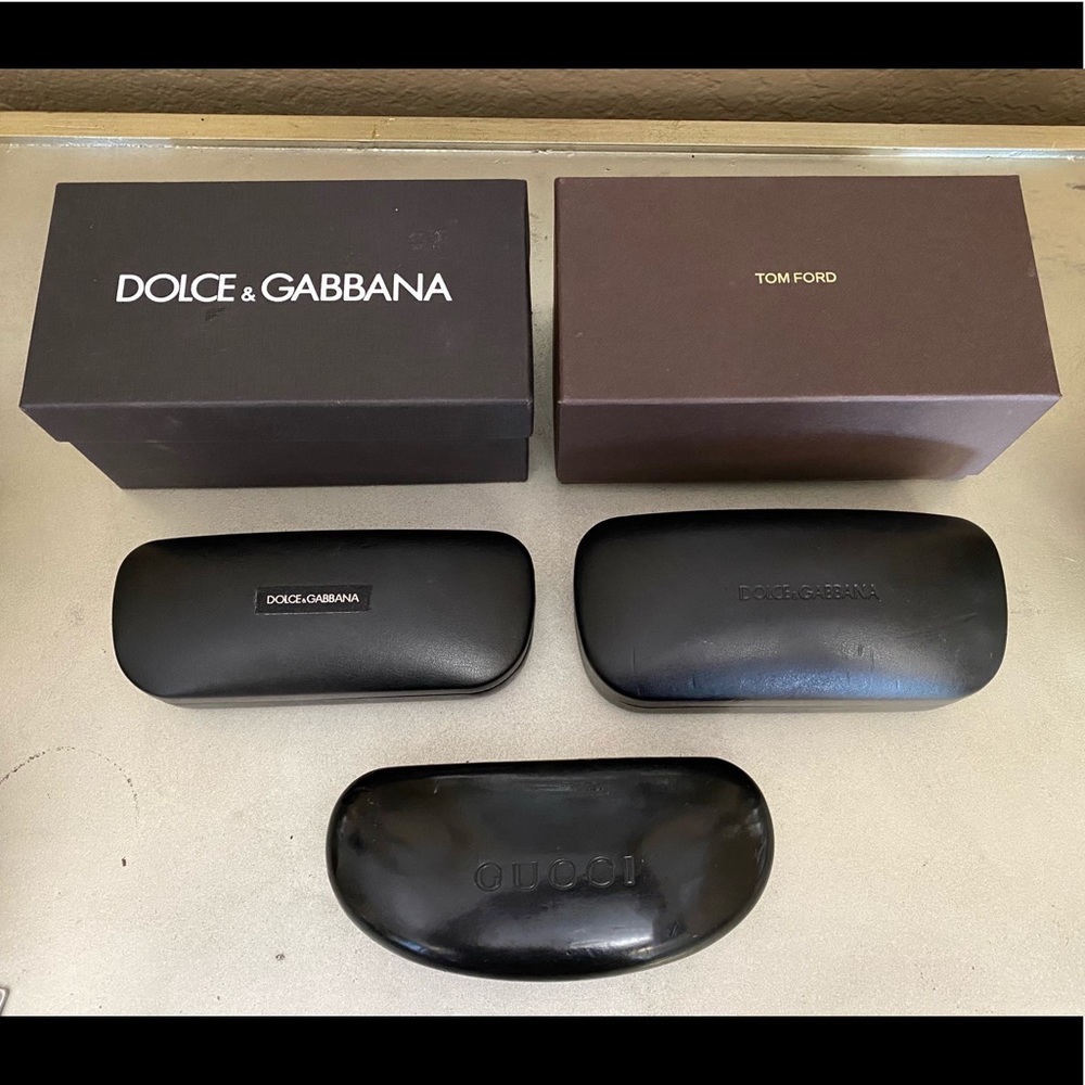 Designer sunglass boxes & cases Gucci, Tom Ford, and Dolce & Gabbana